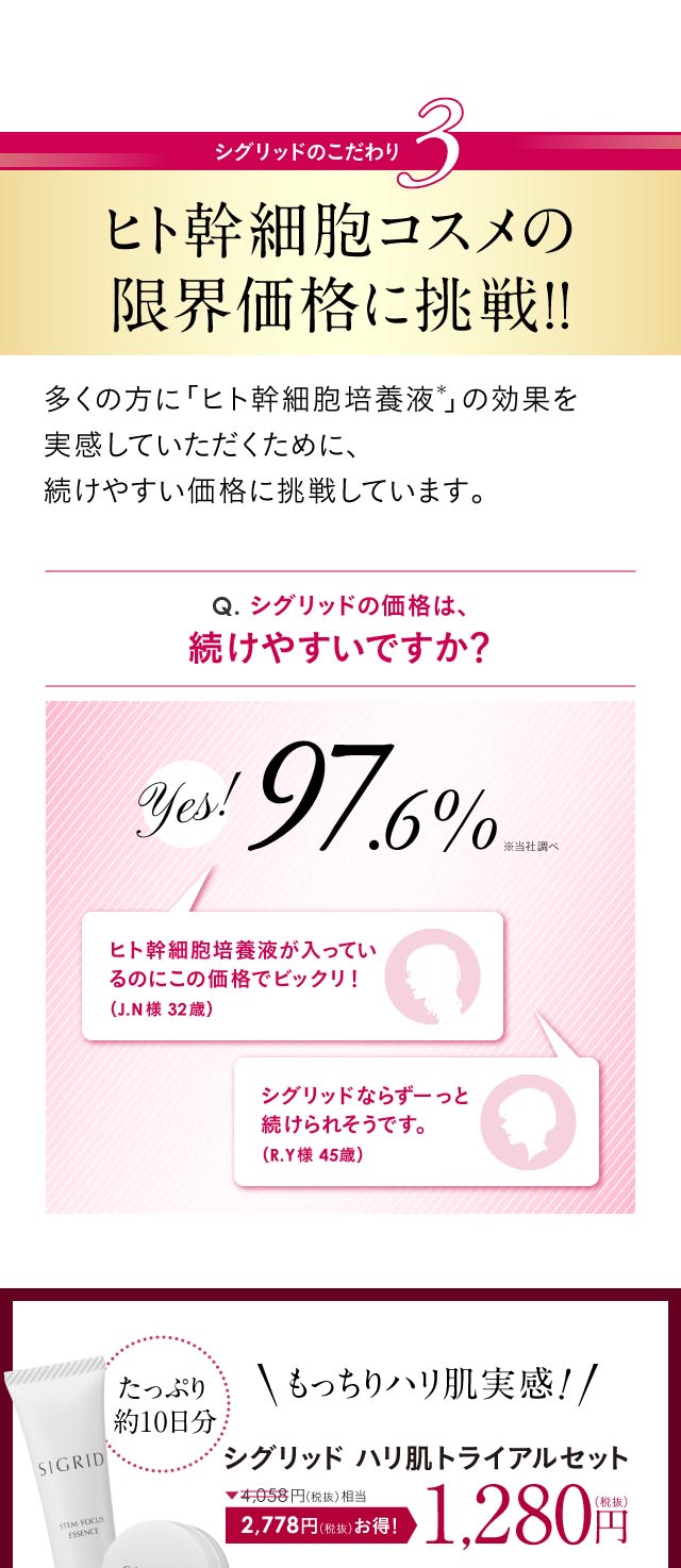 シグリッドのこだわり３　ヒト幹細胞コスメの限界価格に挑戦!!